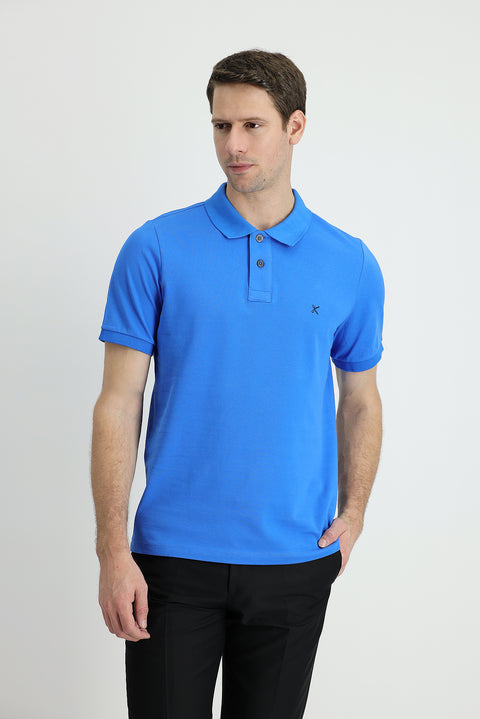 Indigo Blue Polo Collar Slim Fit Embroidered Cotton T-Shirt