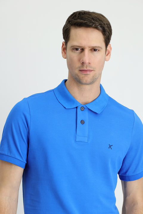 Indigo Blue Polo Collar Slim Fit Embroidered Cotton T-Shirt