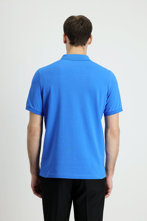Indigo Blue Polo Collar Slim Fit Embroidered Cotton T-Shirt
