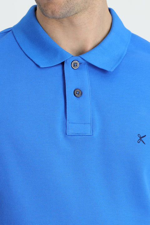 Indigo Blue Polo Collar Slim Fit Embroidered Cotton T-Shirt