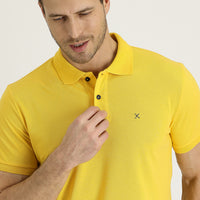 Dark Yellow Polo Collar Slim Fit Embroidered Cotton T-Shirt