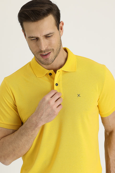 Dark Yellow Polo Collar Slim Fit Embroidered Cotton T-Shirt