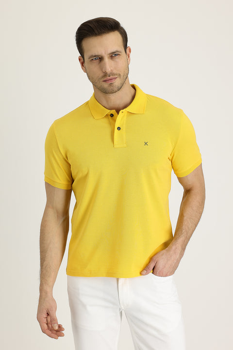 Dark Yellow Polo Collar Slim Fit Embroidered Cotton T-Shirt