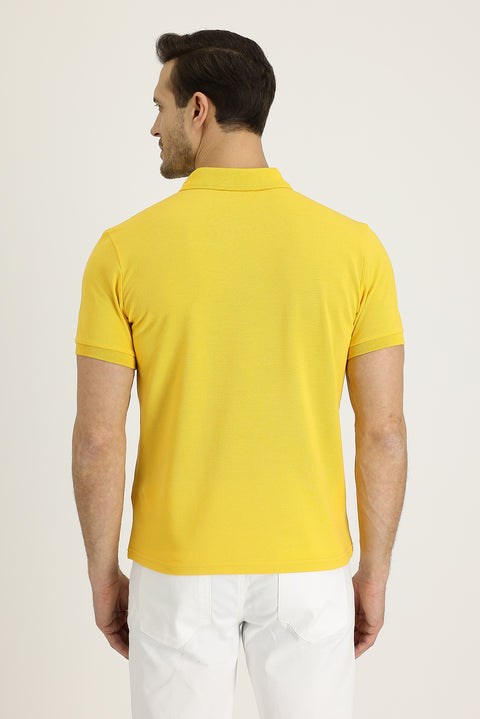 Dark Yellow Polo Collar Slim Fit Embroidered Cotton T-Shirt