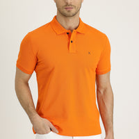 Medium Orange Polo Collar Slim Fit Narrow Cut Embroidered Cotton T-Shirt
