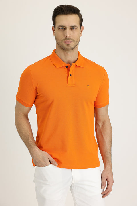 Medium Orange Polo Collar Slim Fit Narrow Cut Embroidered Cotton T-Shirt