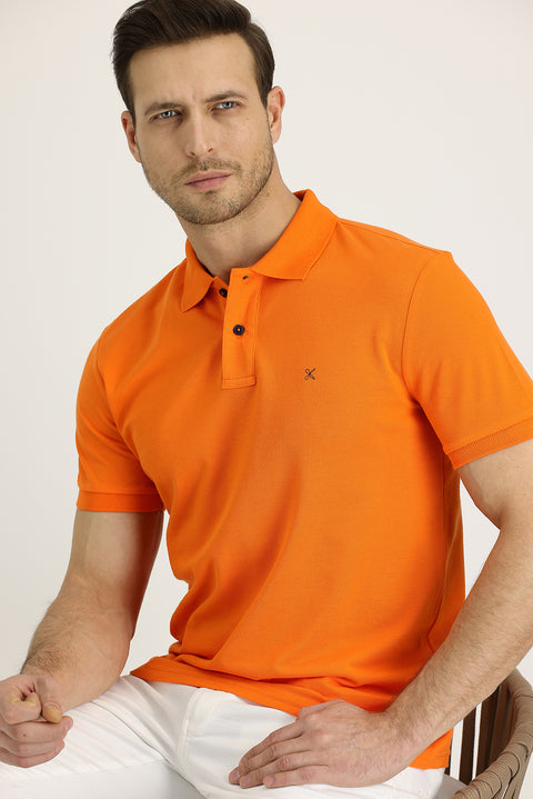 Medium Orange Polo Collar Slim Fit Narrow Cut Embroidered Cotton T-Shirt