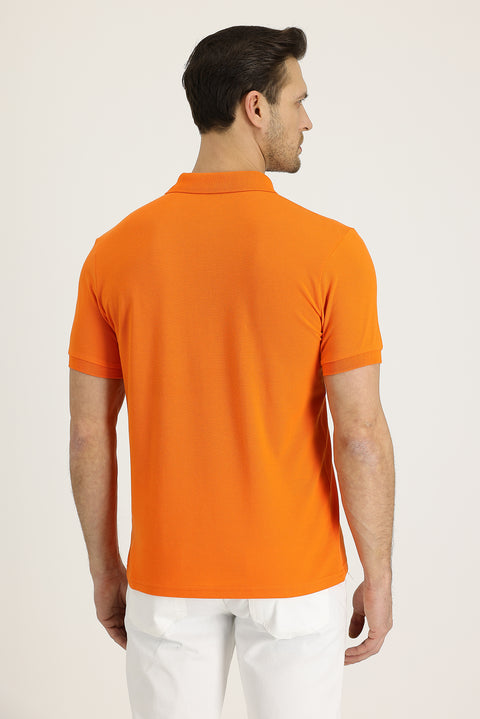 Medium Orange Polo Collar Slim Fit Narrow Cut Embroidered Cotton T-Shirt