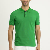 Grass Green Polo Collar Slim Fit Embroidered Cotton T-Shirt