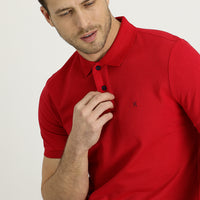 Flag Red Polo Collar Slim Fit Embroidered Cotton T-Shirt