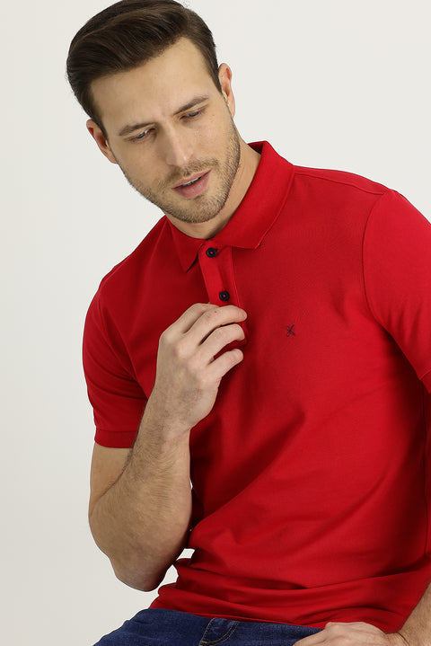 Flag Red Polo Collar Slim Fit Embroidered Cotton T-Shirt