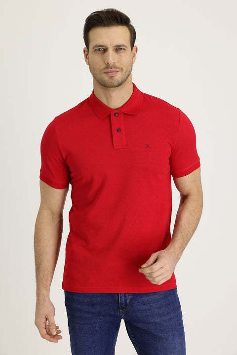 Flag Red Polo Collar Slim Fit Embroidered Cotton T-Shirt