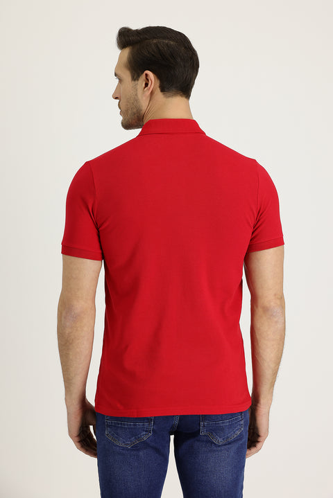 Flag Red Polo Collar Slim Fit Embroidered Cotton T-Shirt
