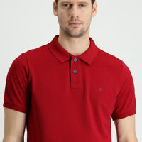 Dark Red Polo Collar Slim Fit Embroidered Cotton T-Shirt