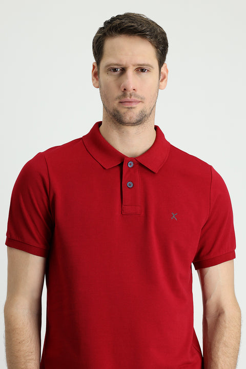Dark Red Polo Collar Slim Fit Embroidered Cotton T-Shirt