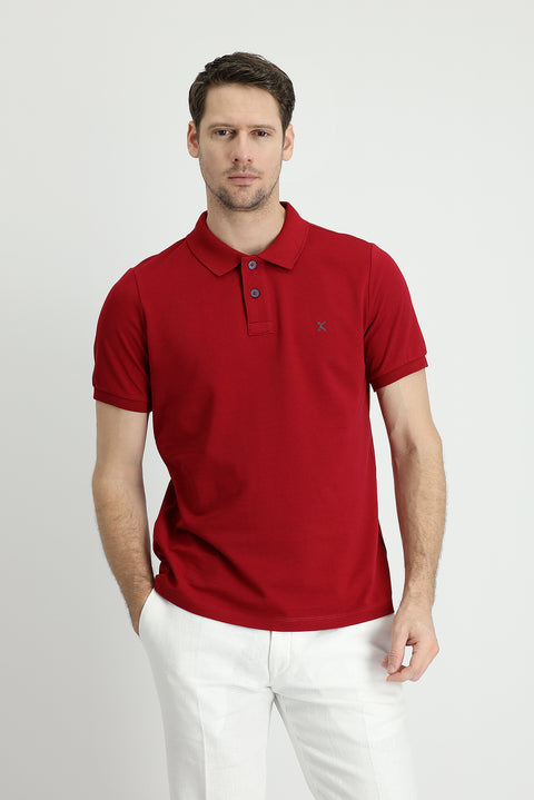 Dark Red Polo Collar Slim Fit Embroidered Cotton T-Shirt