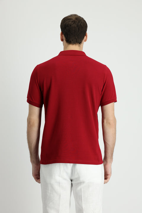 Dark Red Polo Collar Slim Fit Embroidered Cotton T-Shirt
