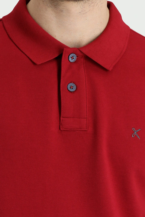 Dark Red Polo Collar Slim Fit Embroidered Cotton T-Shirt