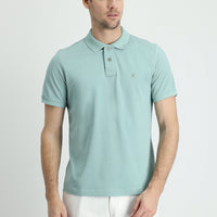 Aqua Green Polo Collar Slim Fit Embroidered Cotton T-Shirt