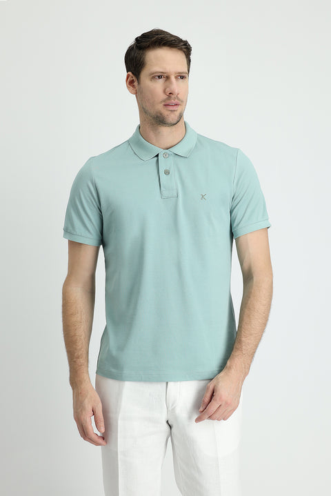 Aqua Green Polo Collar Slim Fit Embroidered Cotton T-Shirt