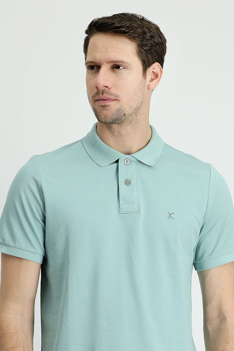 Aqua Green Polo Collar Slim Fit Embroidered Cotton T-Shirt