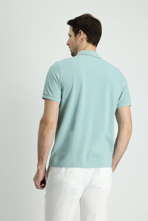 Aqua Green Polo Collar Slim Fit Embroidered Cotton T-Shirt