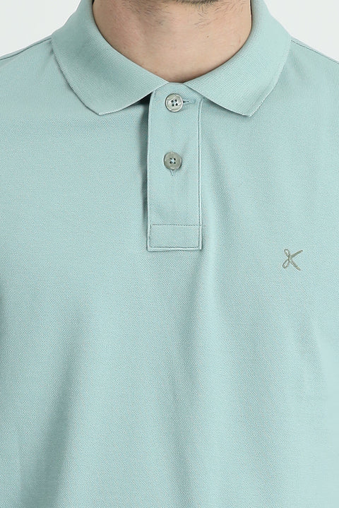 Aqua Green Polo Collar Slim Fit Embroidered Cotton T-Shirt