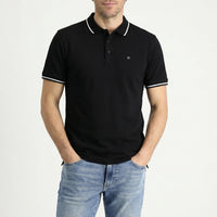 Black Polo Collar Slim Fit Soft Textured Embroidered Cotton Lycra Stretch T-Shirt