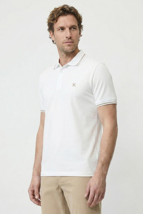 White Polo Collar Slim Fit Soft Textured Embroidered Cotton Lycra Stretch T-Shirt