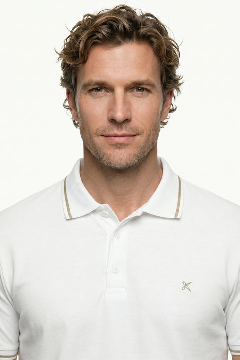 White Polo Collar Slim Fit Soft Textured Embroidered Cotton Lycra Stretch T-Shirt
