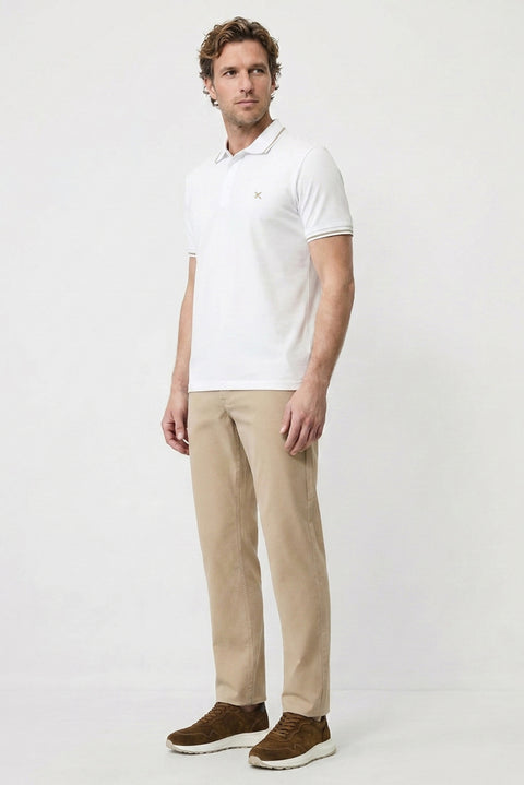 White Polo Collar Slim Fit Soft Textured Embroidered Cotton Lycra Stretch T-Shirt