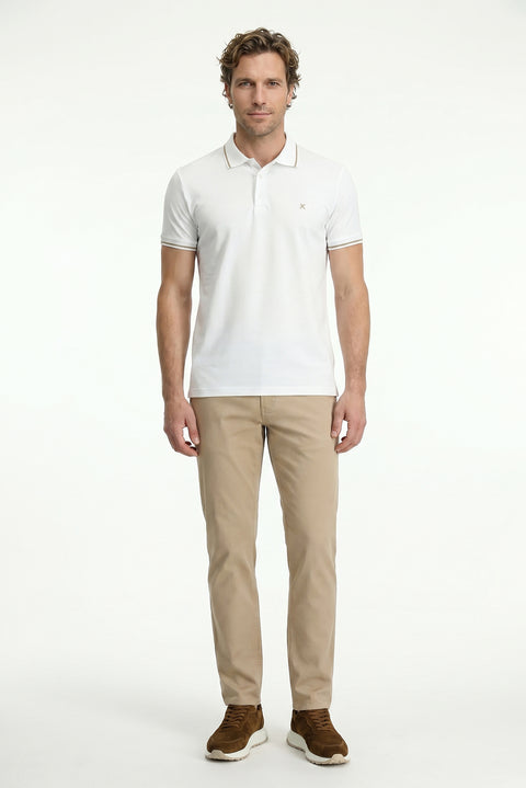 White Polo Collar Slim Fit Soft Textured Embroidered Cotton Lycra Stretch T-Shirt