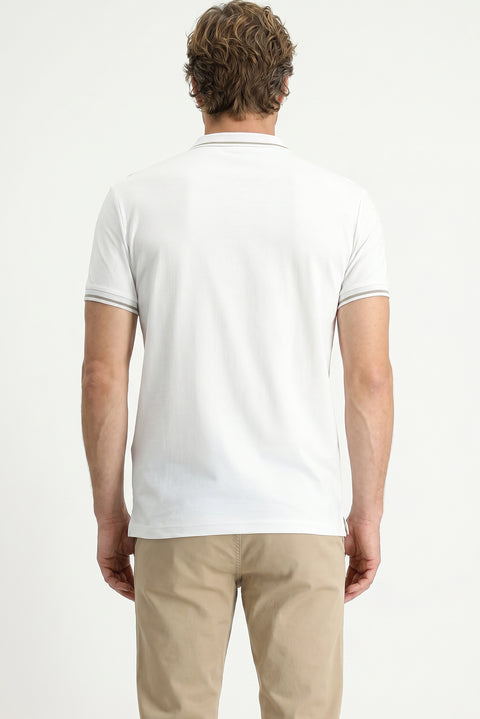 White Polo Collar Slim Fit Soft Textured Embroidered Cotton Lycra Stretch T-Shirt