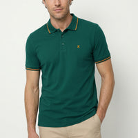 Dark Green Polo Shirt, Slim Fit, Soft Textured, Embroidered, Cotton Lycra, Stretchy T-Shirt