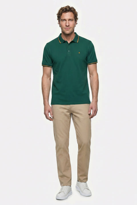 Dark Green Polo Shirt, Slim Fit, Soft Textured, Embroidered, Cotton Lycra, Stretchy T-Shirt