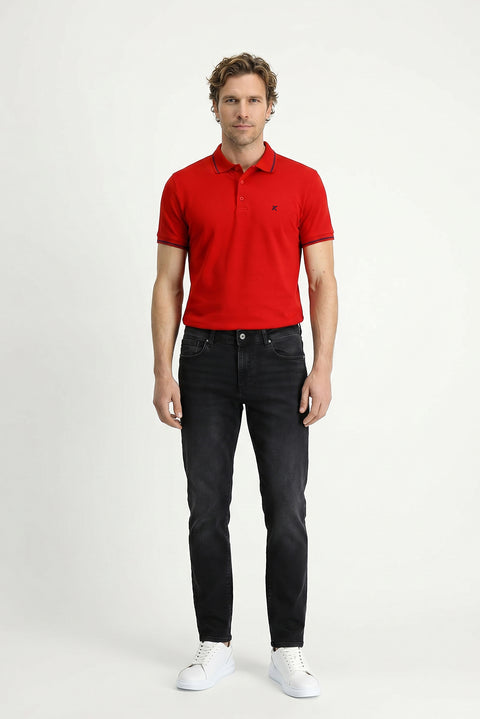 Koyu Kırmızı Polo Yaka Slim Fit Yumuşak Dokulu Nakışlı Pamuklu Likralı Esnek Tişört