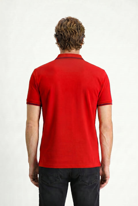 Koyu Kırmızı Polo Yaka Slim Fit Yumuşak Dokulu Nakışlı Pamuklu Likralı Esnek Tişört