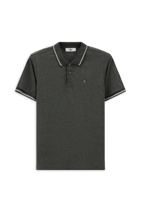 Dark Anthracite Polo Collar Slim Fit Soft Textured Embroidered Cotton Lycra Stretch T-Shirt