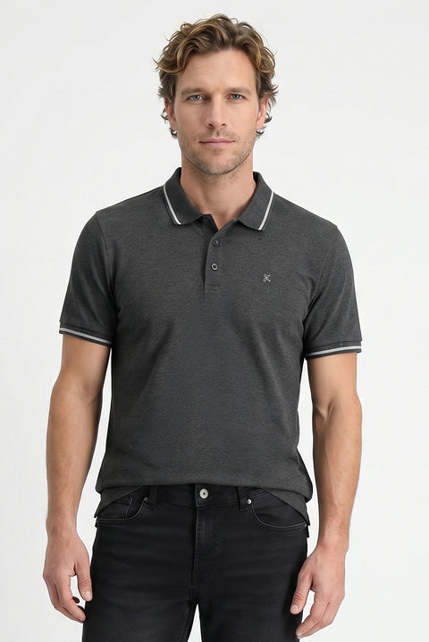 Dark Anthracite Polo Collar Slim Fit Soft Textured Embroidered Cotton Lycra Stretch T-Shirt
