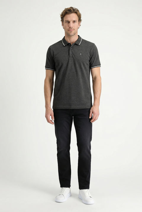 Dark Anthracite Polo Collar Slim Fit Soft Textured Embroidered Cotton Lycra Stretch T-Shirt