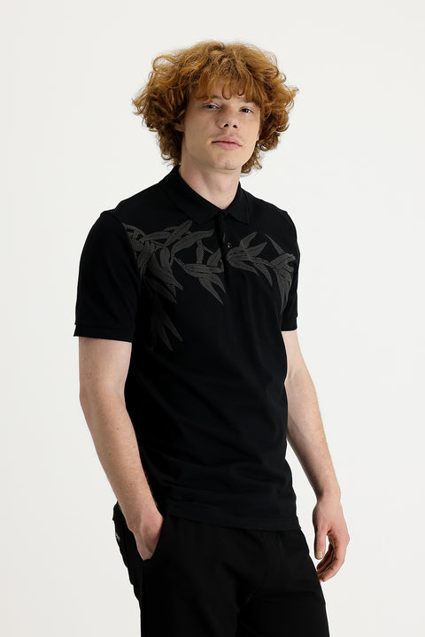 Black Polo Collar Slim Fit Printed Cotton T-shirt