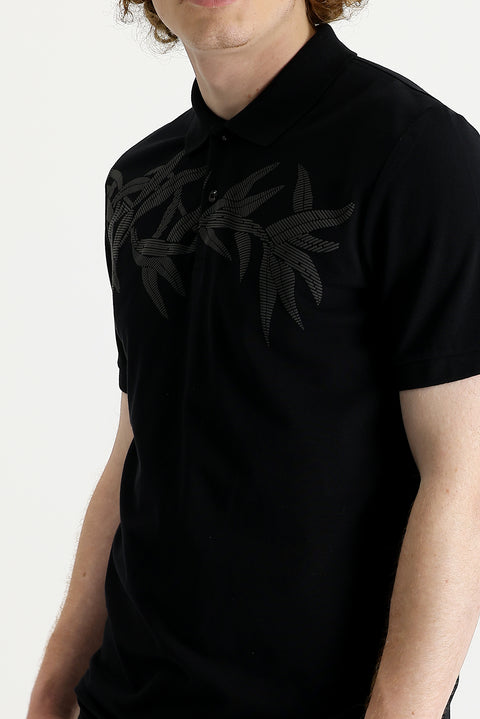 Black Polo Collar Slim Fit Printed Cotton T-shirt