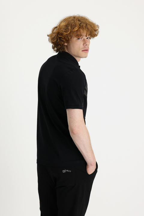 Black Polo Collar Slim Fit Printed Cotton T-shirt