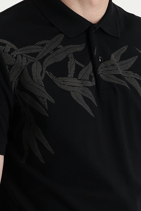 Black Polo Collar Slim Fit Printed Cotton T-shirt