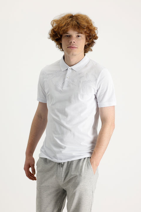 White Polo Collar Slim Fit Printed Cotton T-shirt