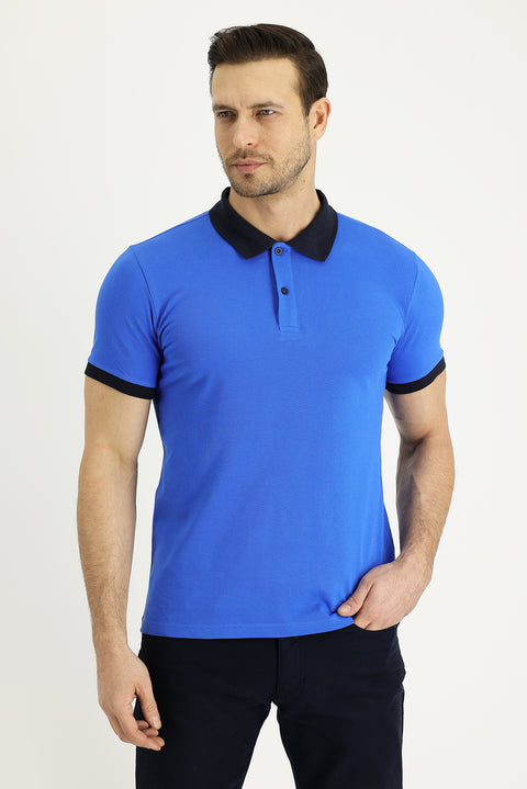 Navy Blue Polo Collar Slim Fit Narrow Cut Patterned Cotton T-shirt