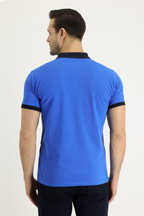 Navy Blue Polo Collar Slim Fit Narrow Cut Patterned Cotton T-shirt