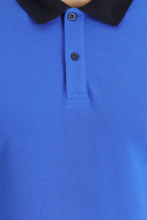 Navy Blue Polo Collar Slim Fit Narrow Cut Patterned Cotton T-shirt