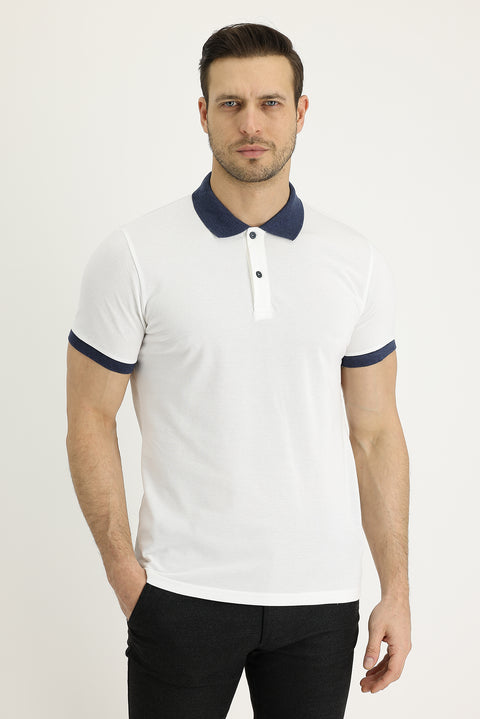 Off-white Polo Collar Slim Fit Patterned Cotton T-shirt