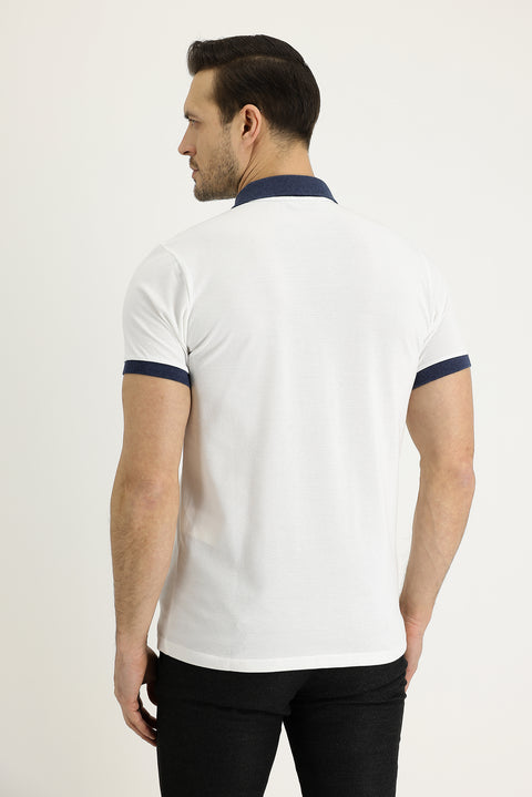 Off-white Polo Collar Slim Fit Patterned Cotton T-shirt